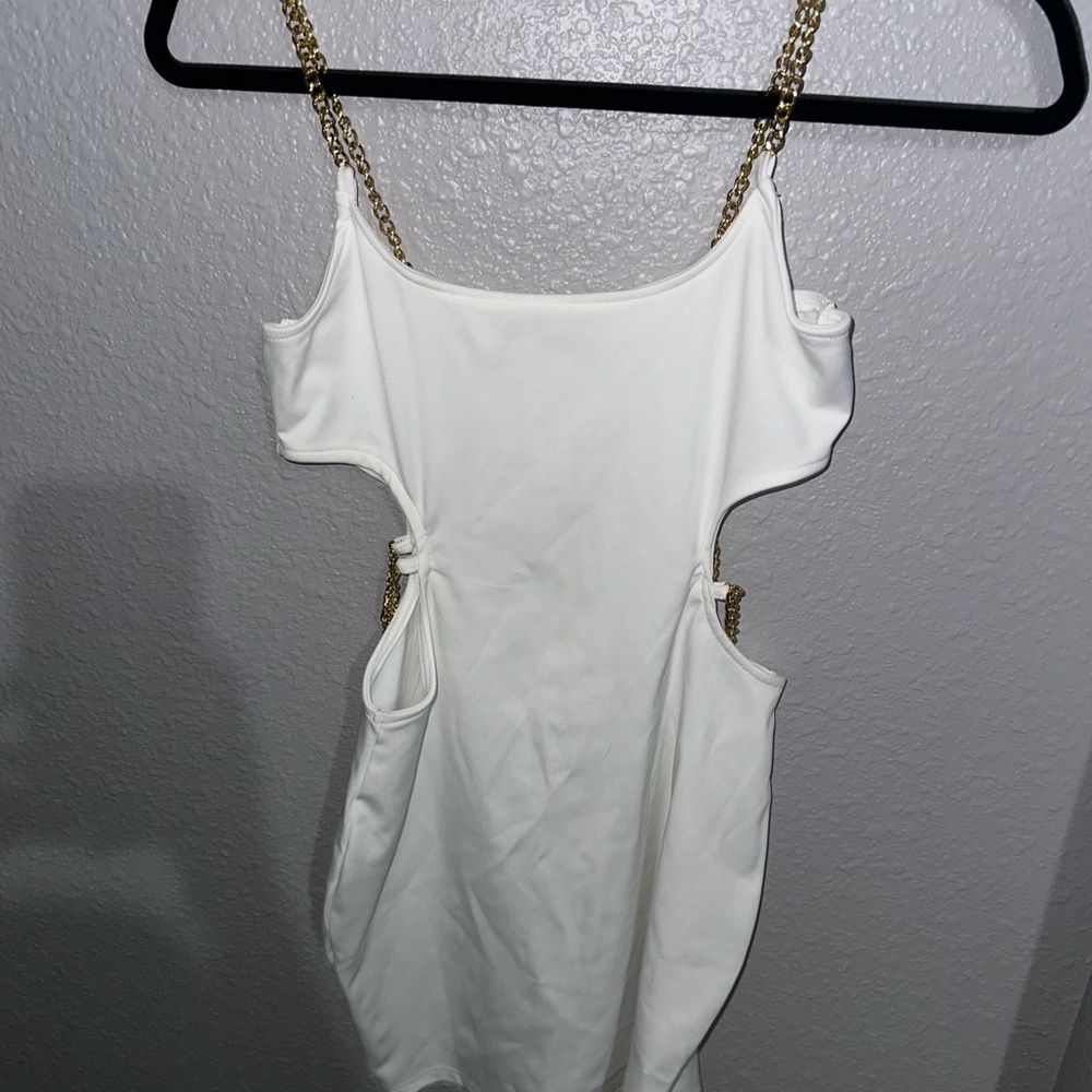 White Bodycon Dress with Gold Chain Accents